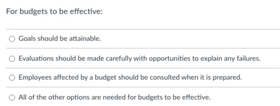  For budgets to be effective: Goals should be attainable. Evaluations should