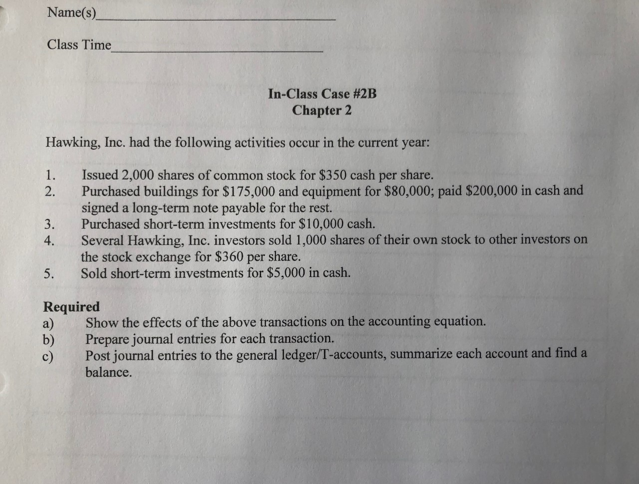 Name(s) Class Time In-Class Case #2B Chapter 2 Hawking, Inc. had