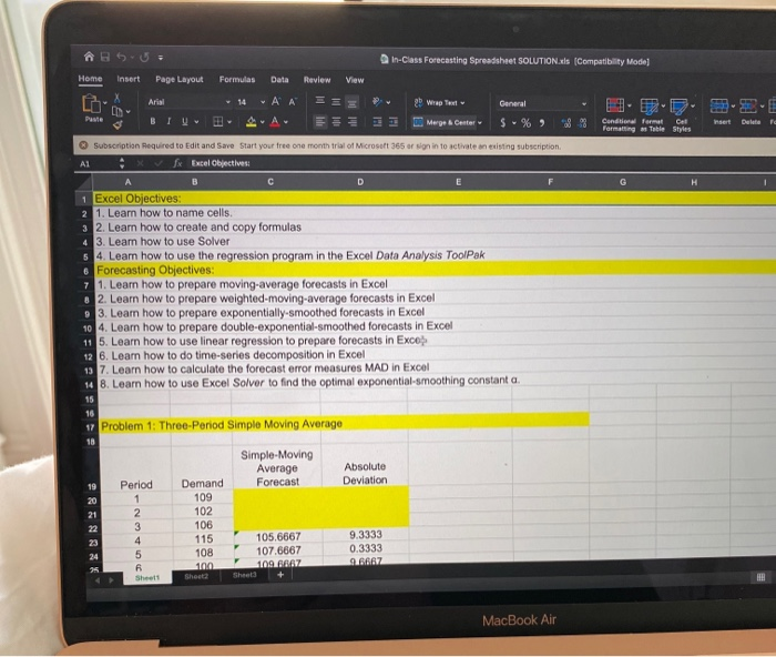  In-Class Forecasting Spreadsheet SOLUTION (Compatibility Mode] Home Insert Page Layout Formulas