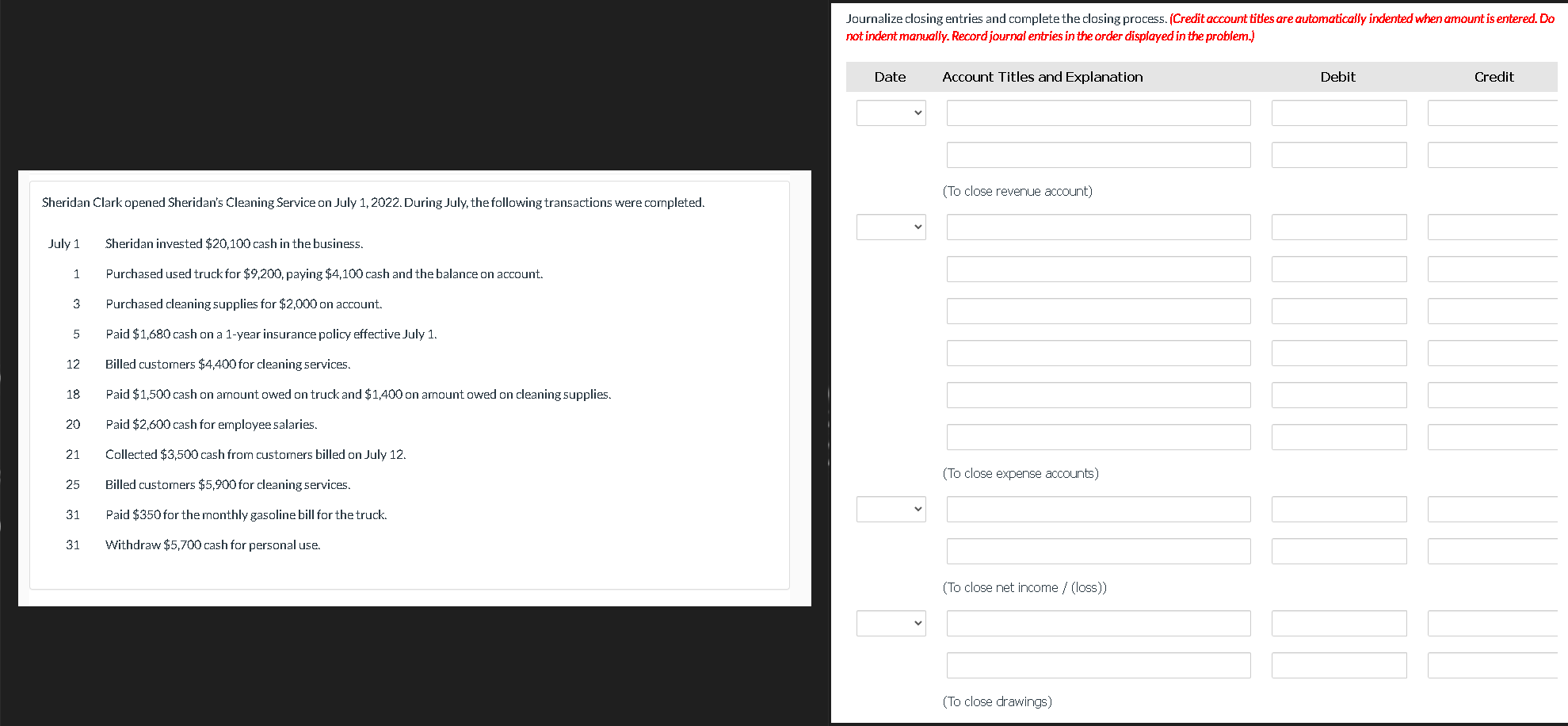 Journalize closing entries and complete the closing process. account tides are au)matic.ally