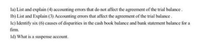  la) List and explain (4) accounting errors that do not affect