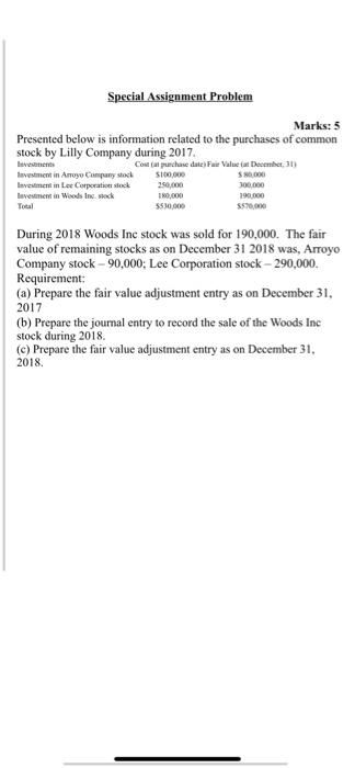  Special Assignment Problem Marks: 5 Presented below is information related to