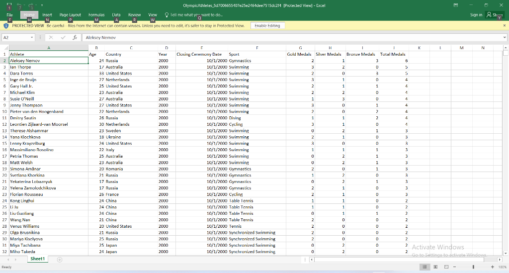 from Olympic Games since 2000 (find Olympi- cAthletes.xlsx on Moodle, see Lecture