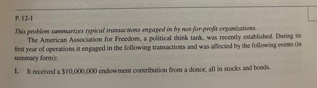 P. 12-1 This problem summarizes typical transactions engaged in by not-for-profit
