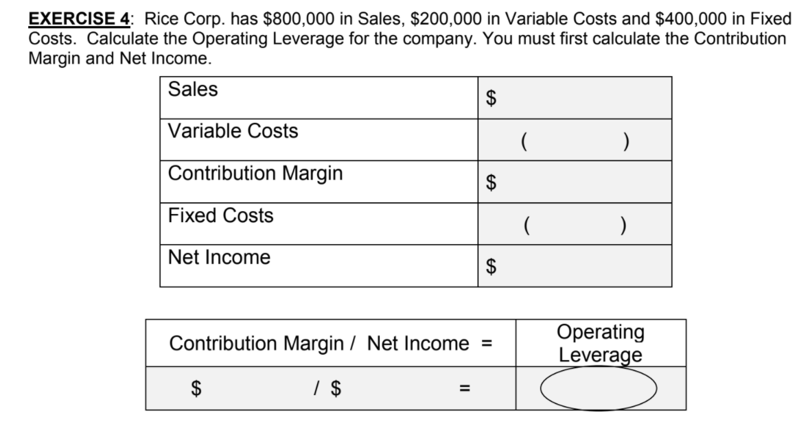After completing Exercise 4, what is the level of operating leverage? See