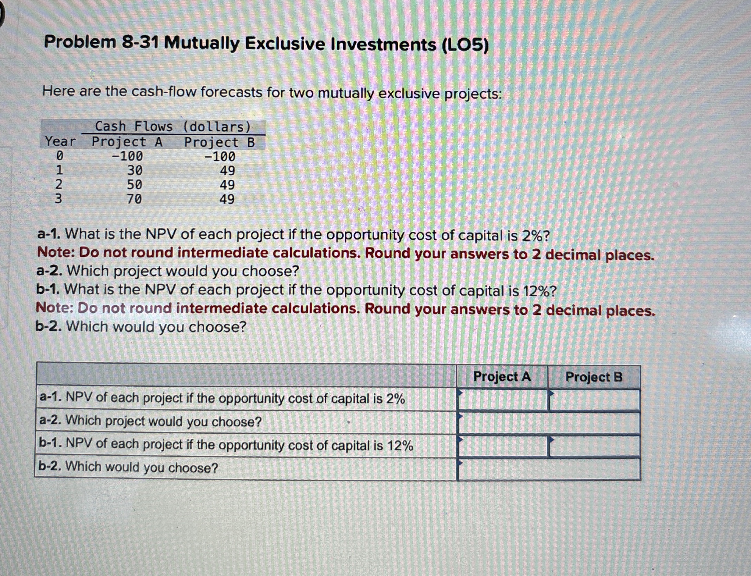  Problem 8-31 Mutually Exclusive Investments (LO5) Here are the cash-flow forecasts