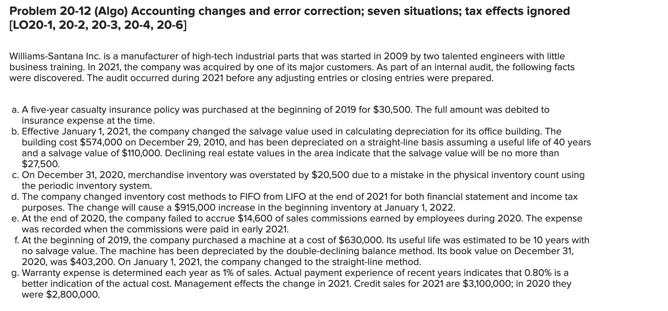  Problem 20-12 (Algo) Accounting changes and error correction; seven situations; tax