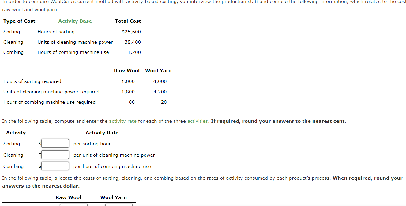  In order to compare WoolCorp's current method with activity-based costing, you