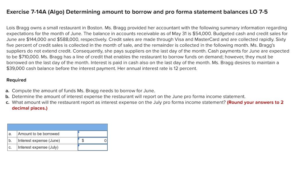 Exercise 7-14A (Algo) Determining amount to borrow and pro forma statement