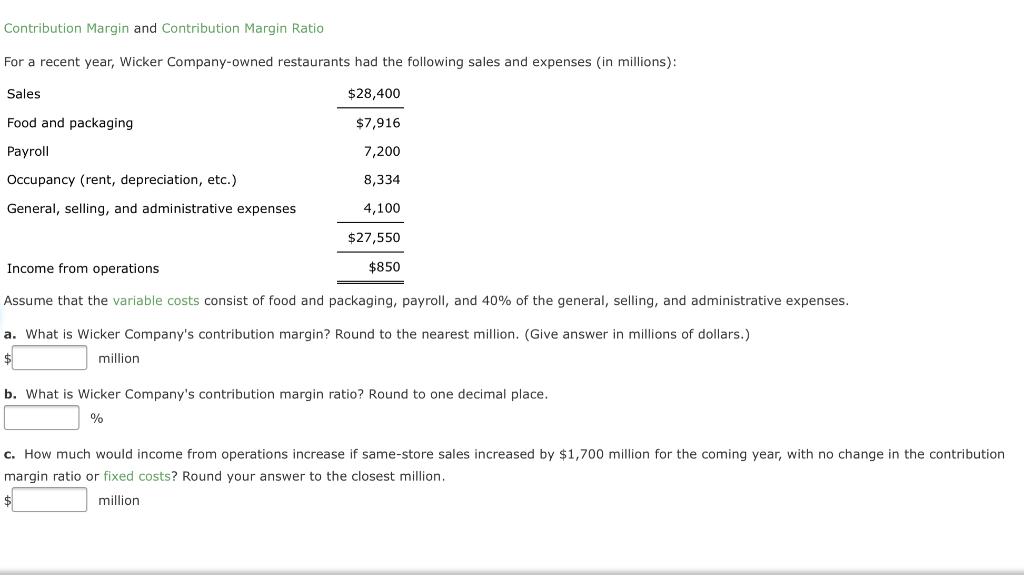  Contribution Margin and Contribution Margin Ratio For a recent year, Wicker