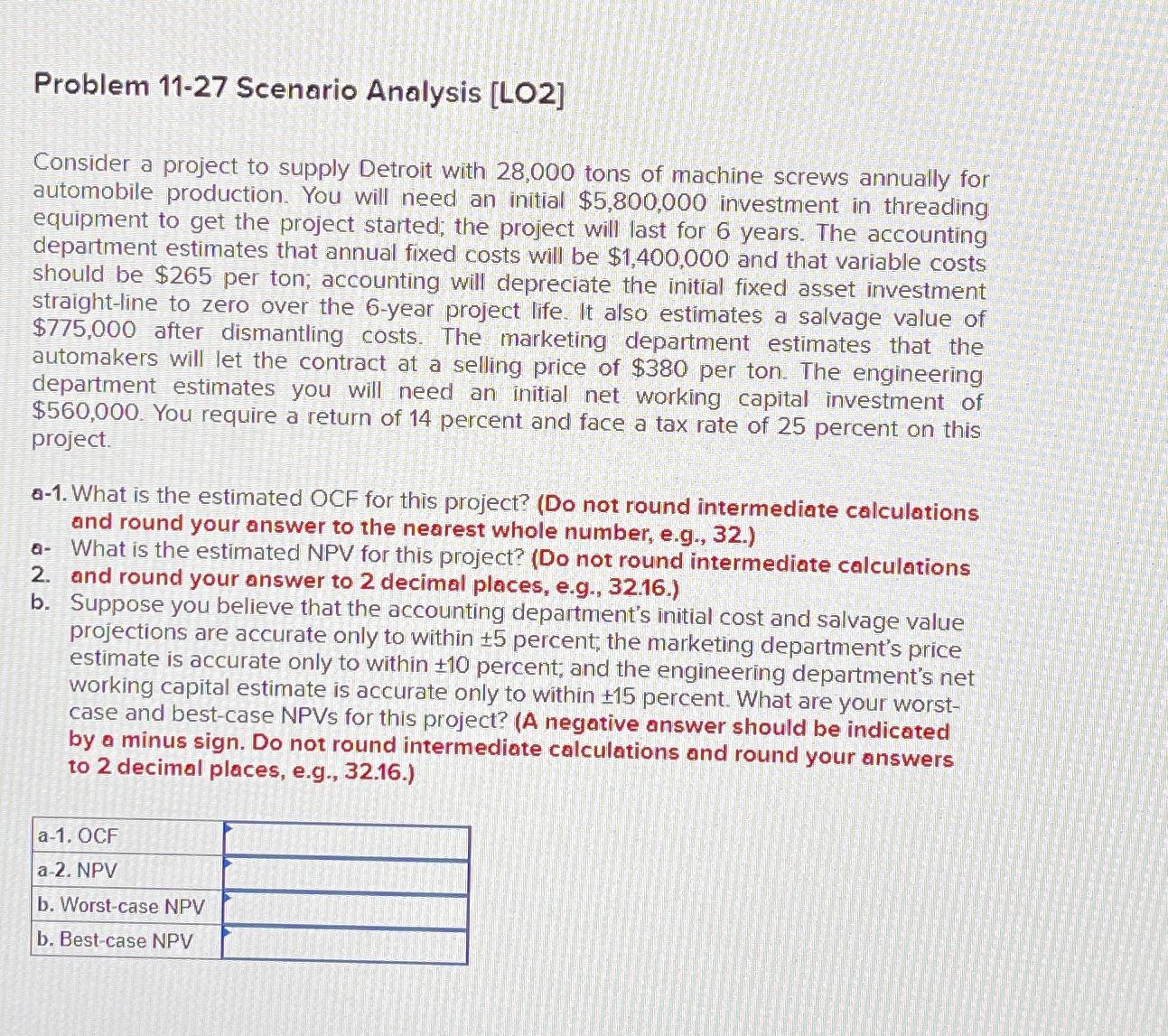  Problem 11-27 Scenario Analysis [LO2] Consider a project to supply Detroit