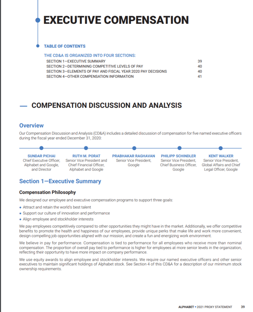  Read pages 39-49 of the Alphabet Inc (Google; GOOG) DEF 14A