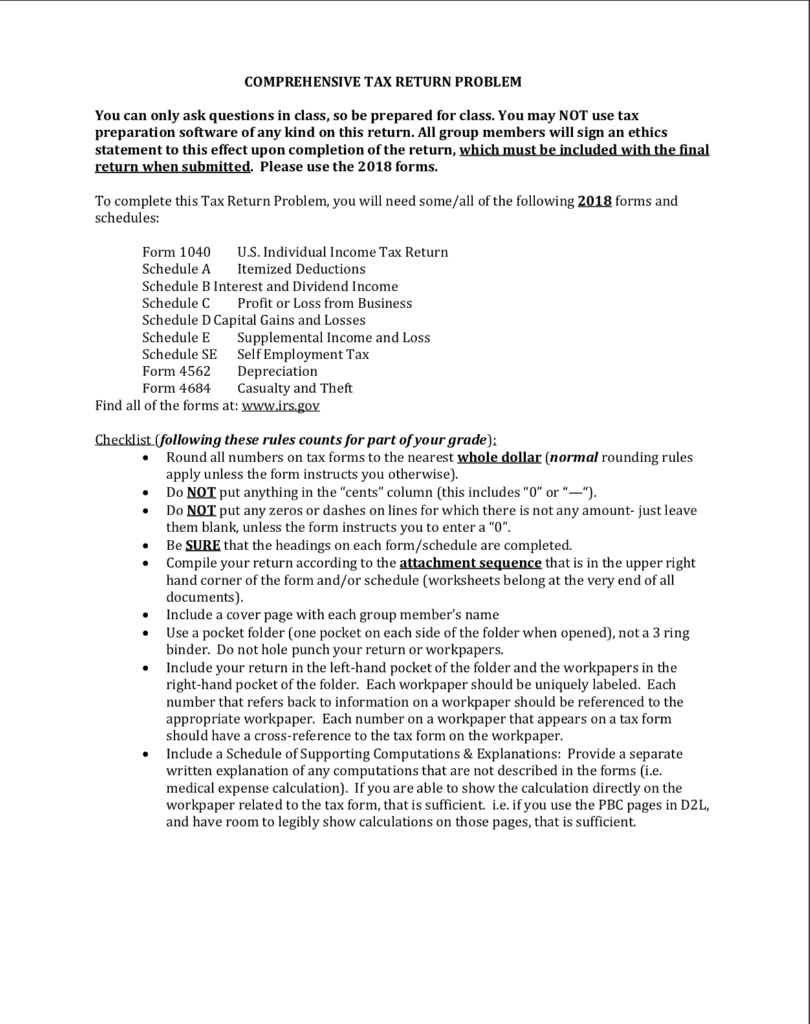  COMPREHENSIVE TAX RETURN PROBLEM You can only ask questions in class,