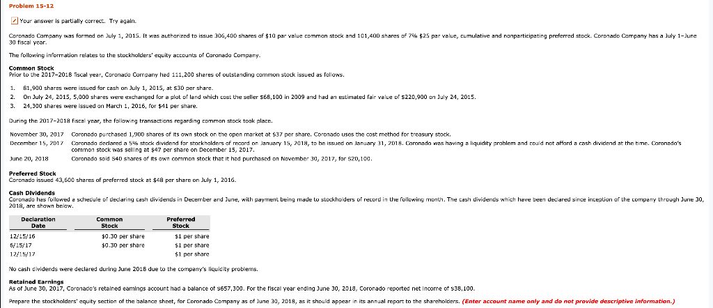 Problem 15-12 Your answer is partially correct. Try again. Coronado Company