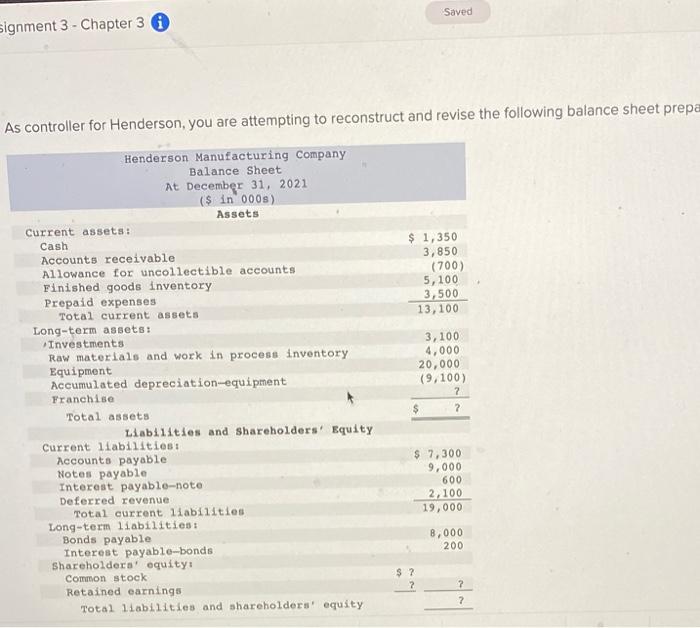  Saved signment 3 - Chapter 3 As controller for Henderson, you