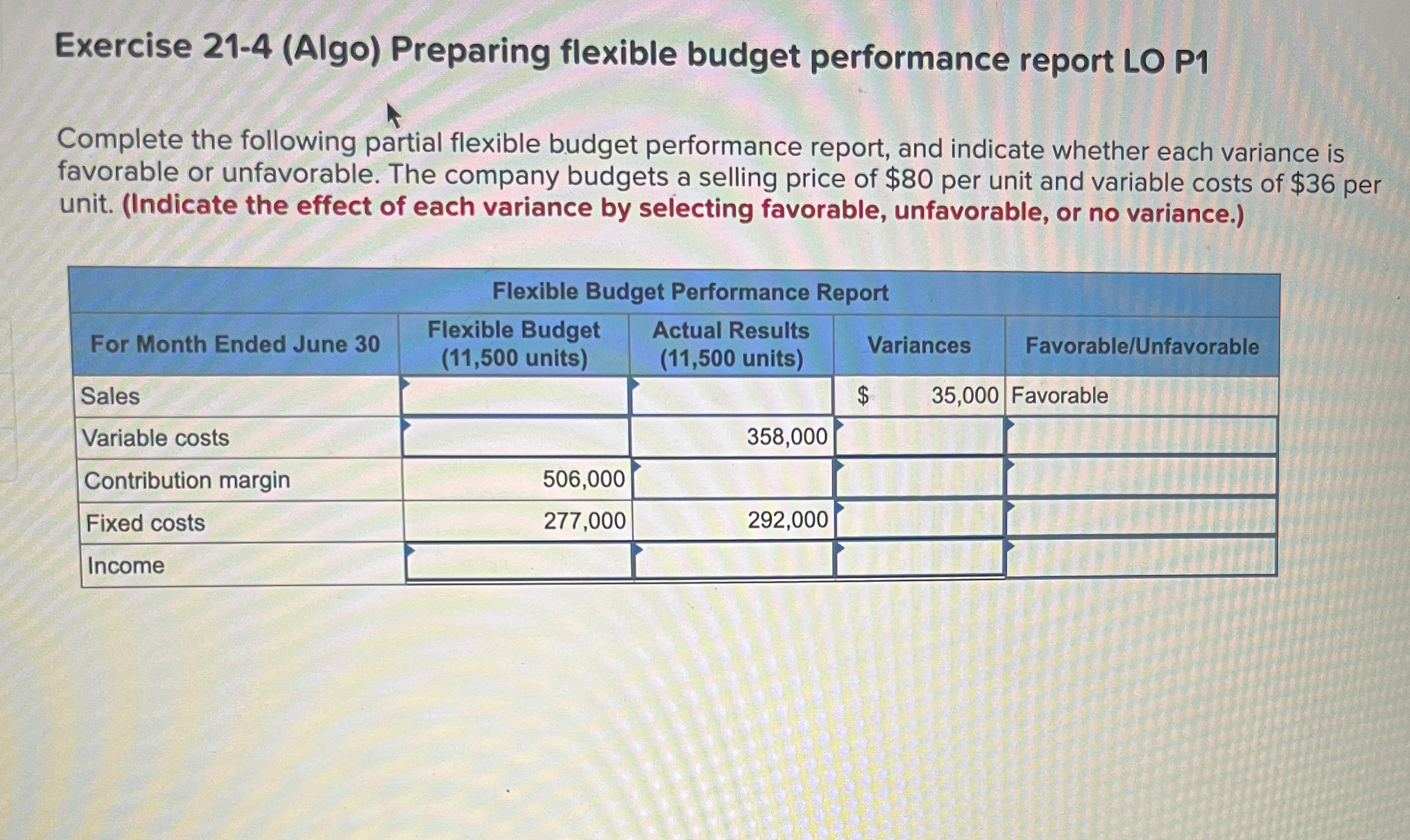  Exercise 21-4(Algo) Preparing flexible budget performance report LO P1 Complete the