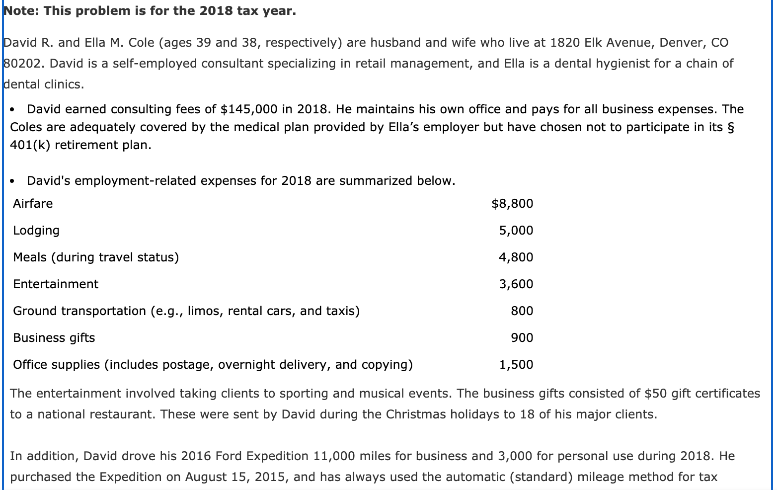  Note: This problem is for the 2018 tax year. David R.