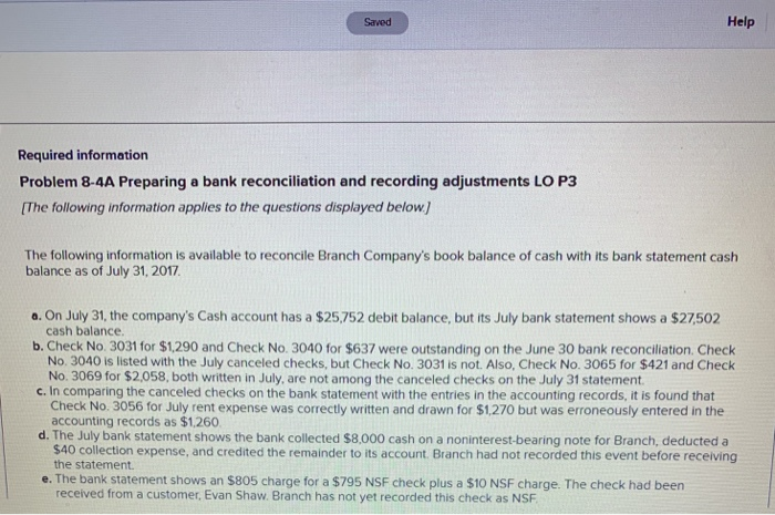  Saved Help Required information Problem 8-4A Preparing a bank reconciliation and