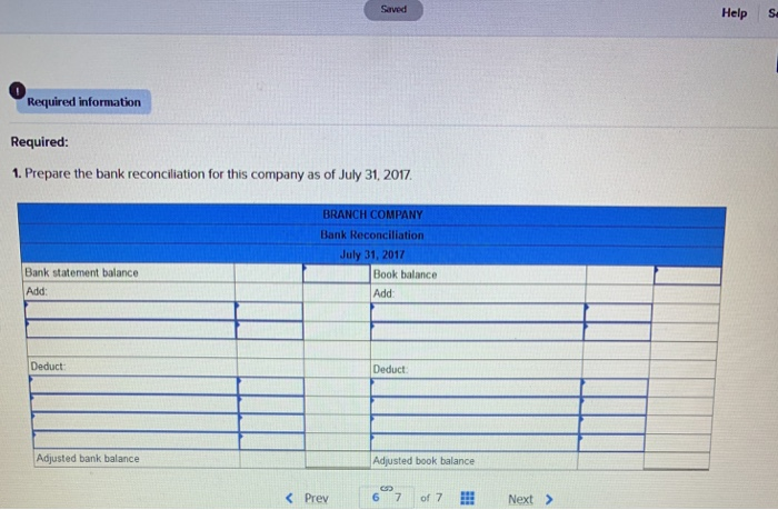 below The following information is available to reconcile Branch Company's book balance