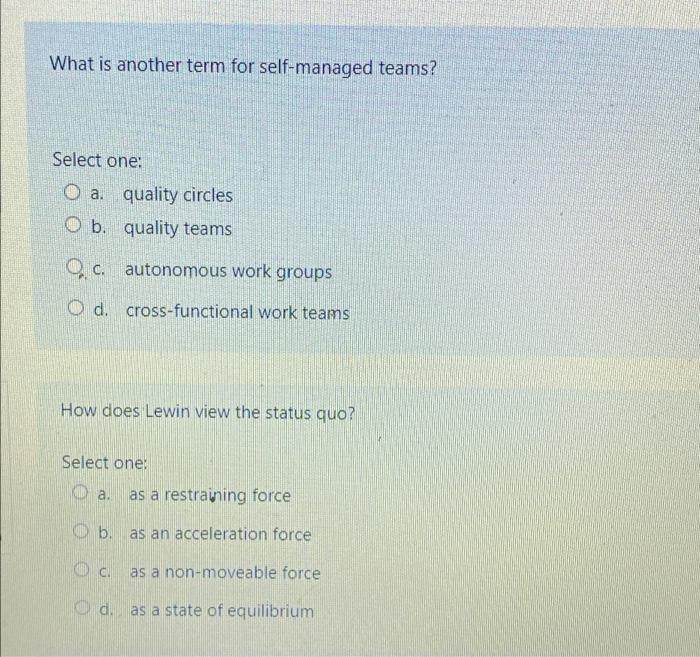  What is another term for self-managed teams? Select one: O a.
