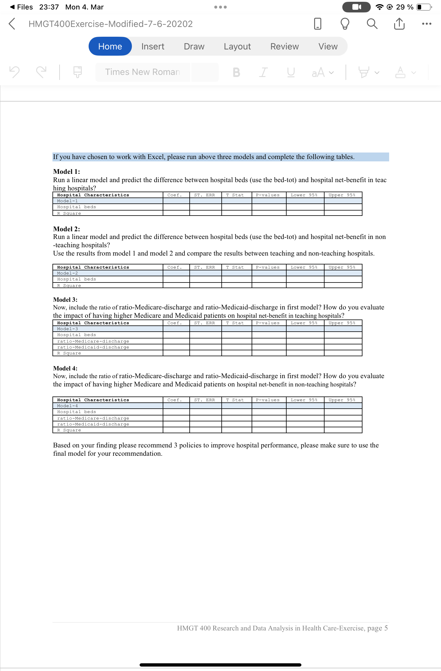  4 Files 23:37 Mon 4. Mar HMGT400Exercise-Modified-7-6-20202 Home Insert Draw Layout