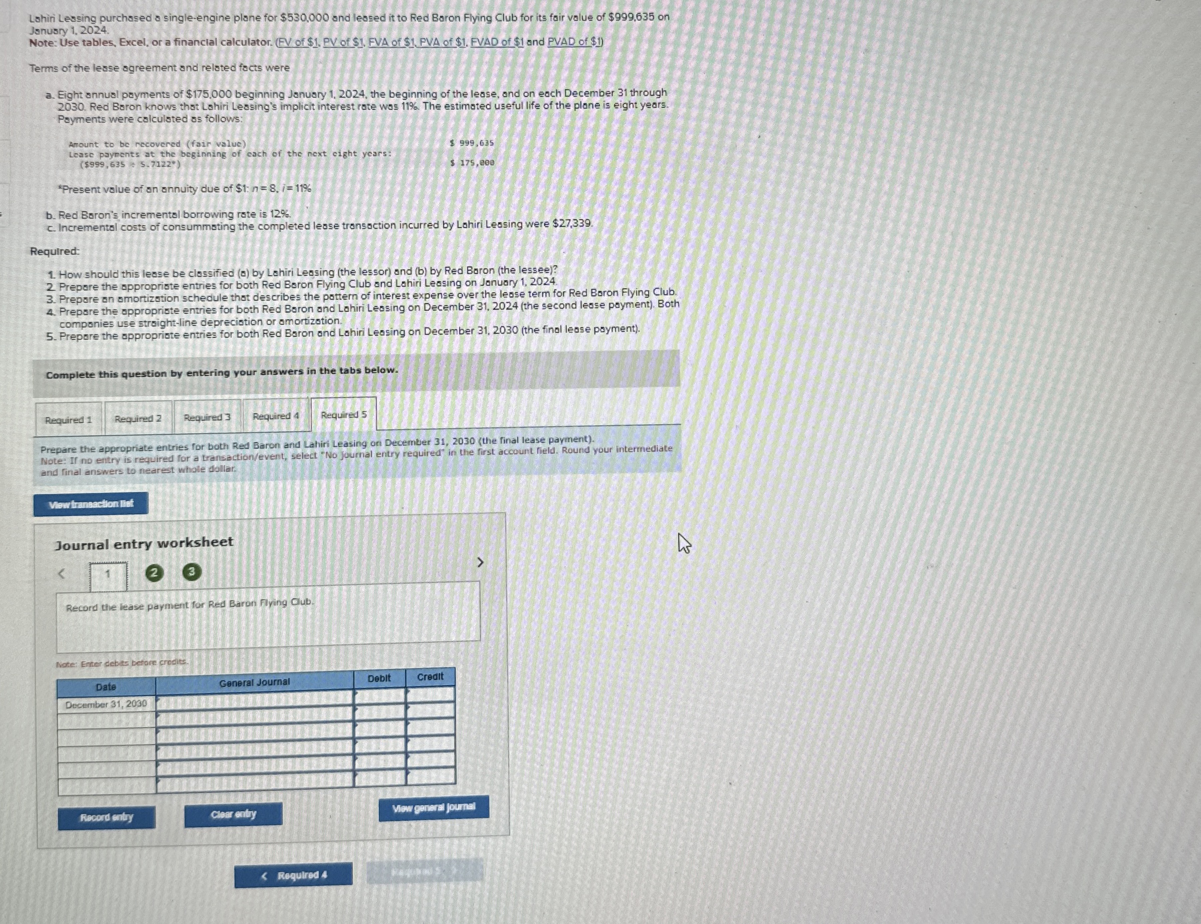  Lshiri Lessing purchased a single-engine plane for $530,000 and lessed it