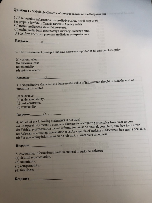  Question 1 - 5 Multiple Choice - Write your answer on