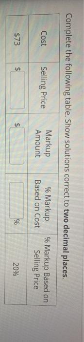  Complete the following table. Show solutions correct to two decimal places.