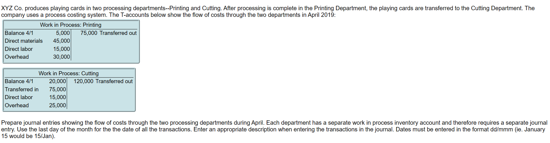 XYZ Co. produces playing cards in two processing departments--Printing and Cutting. After