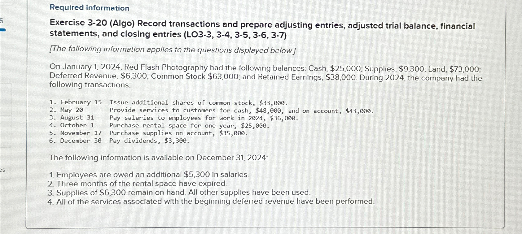  Required information Exercise 3-20(Algo) Record transactions and prepare adjusting entries, adjusted