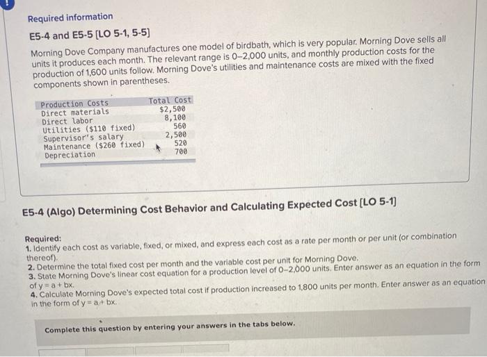 please answer all required Required information E5-4 and E5-5 [LO 5-1, 5-5)