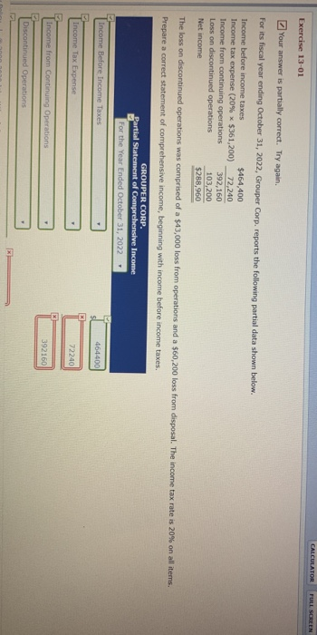  CALCULATOR FULL SCREEN Exercise 13-01 Your answer is partially correct. Try