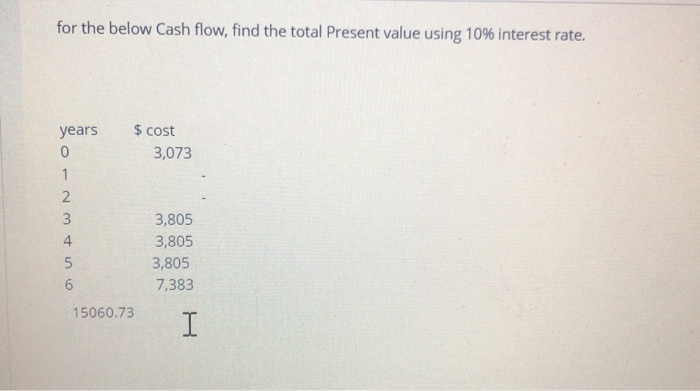  for the below Cash flow, find the total Present value using