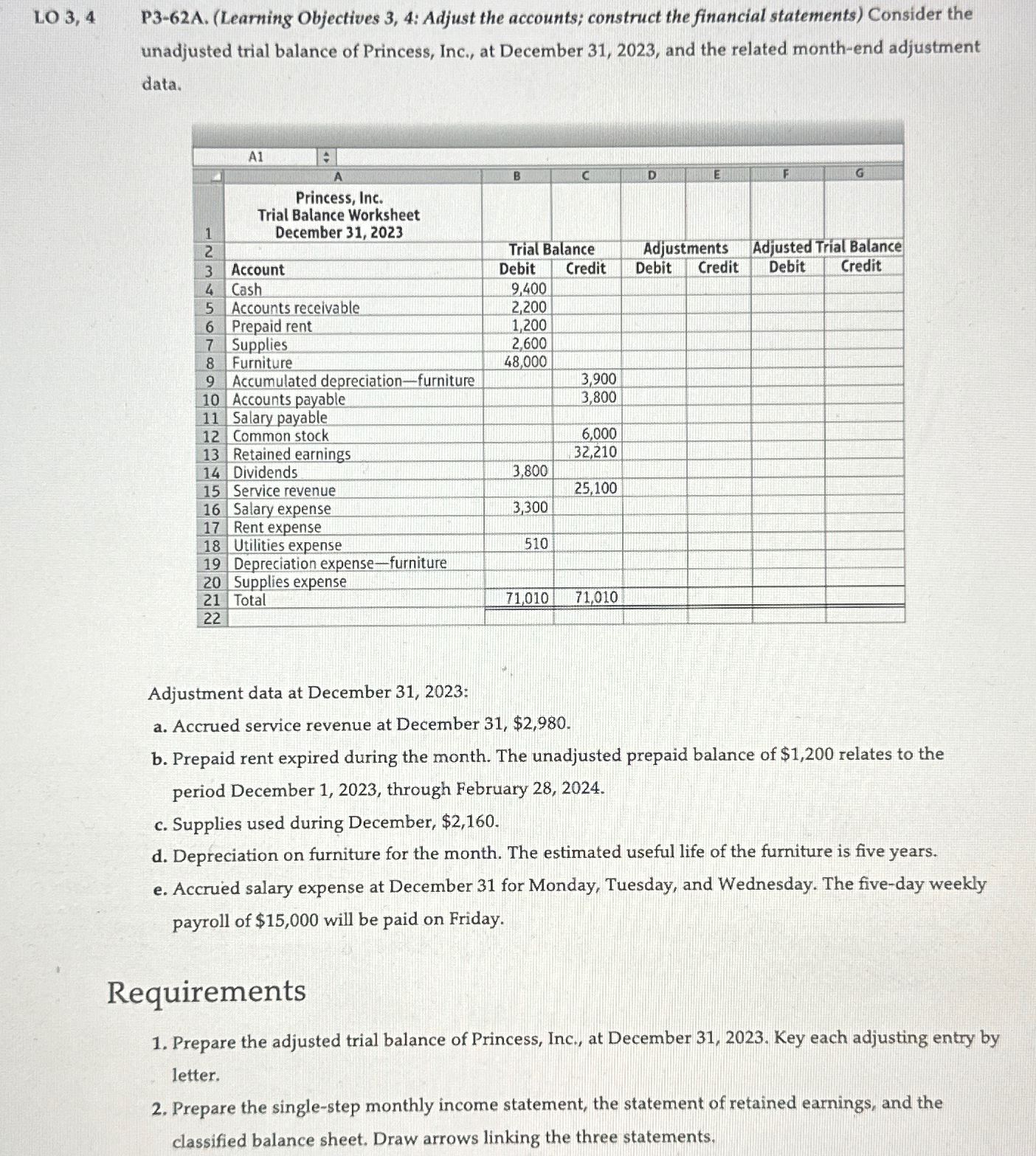  LO 3,4 P3-62A.(Learning Objectives 3,4: Adjust the accounts; construct the financial