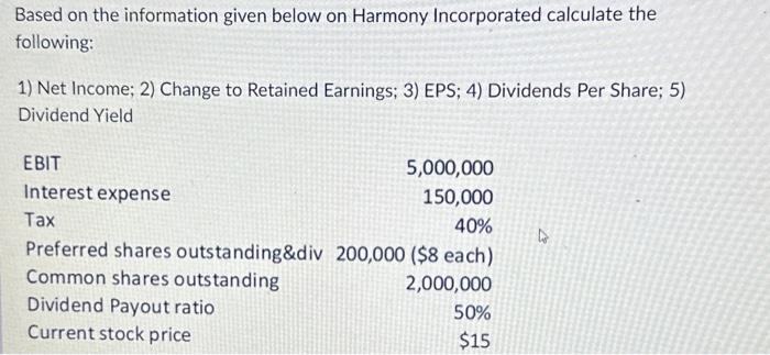  Based on the information given below on Harmony Incorporated calculate the