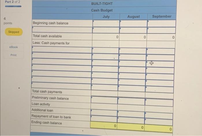 (Static) Manufacturing: Cash budget and schedule of cash payments LO P2 The
