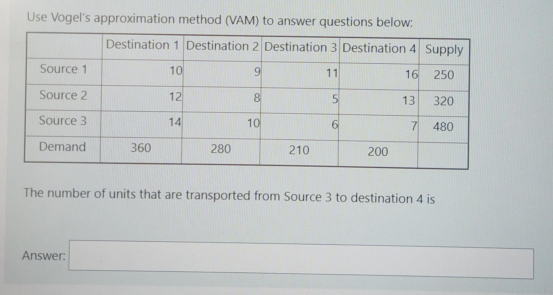  Use Vogel's approximation method (VAM) to answer questions below: Destination 1