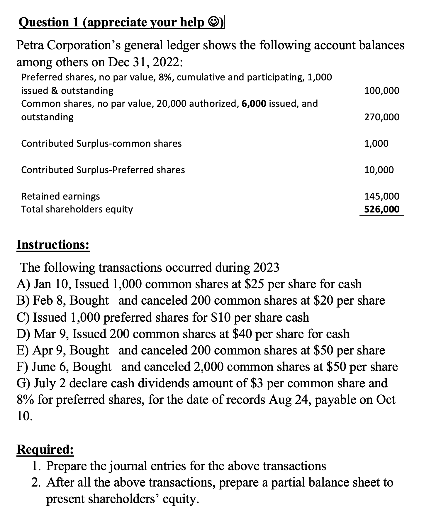  Question 1(appreciate your help ()) Petra Corporation's general ledger shows the