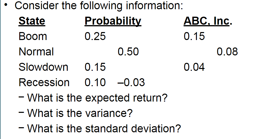 Consider the following information: -What is the expected return? - What
