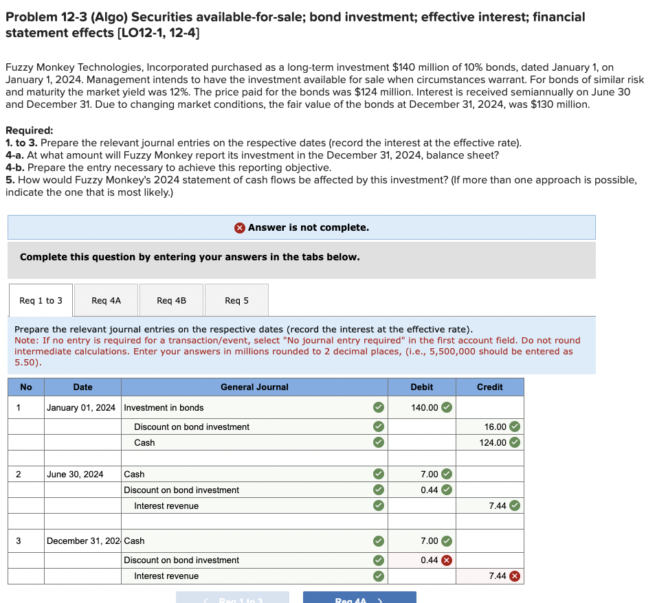  Problem 12-3(Algo) Securities available-for-sale; bond investment; effective interest; financial statement effects