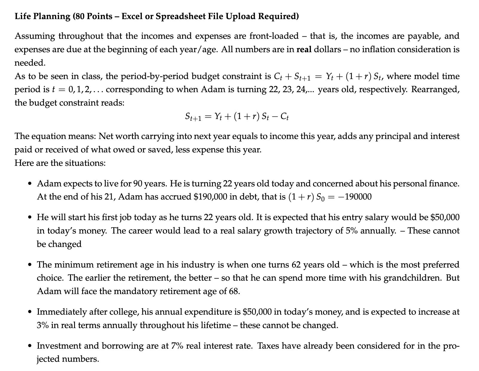  Life Planning (80 Points - Excel or Spreadsheet File Upload Required)