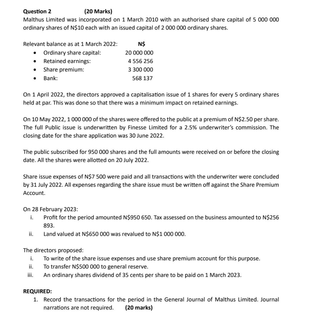  Question 2 (20 Marks) Malthus Limited was incorporated on 1 March