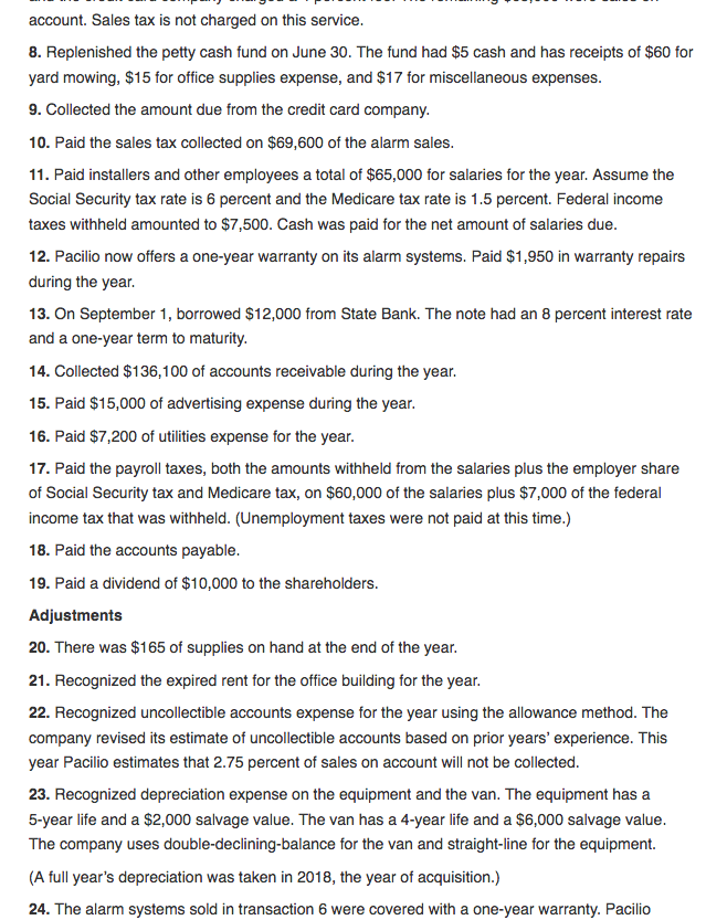 trial balance of Pacilio Security Services Inc. as of January 1, 2019,