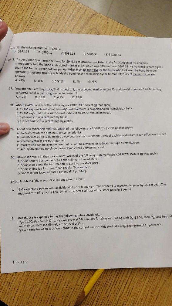 42. Fill the missing number in Cell E4 A. $941.13 B.