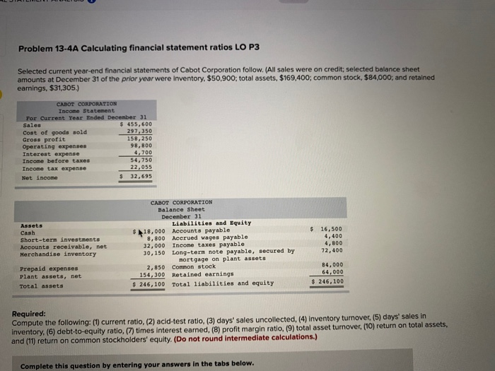  Problem 13-4A Calculating financial statement ratios LO P3 Selected current year-end