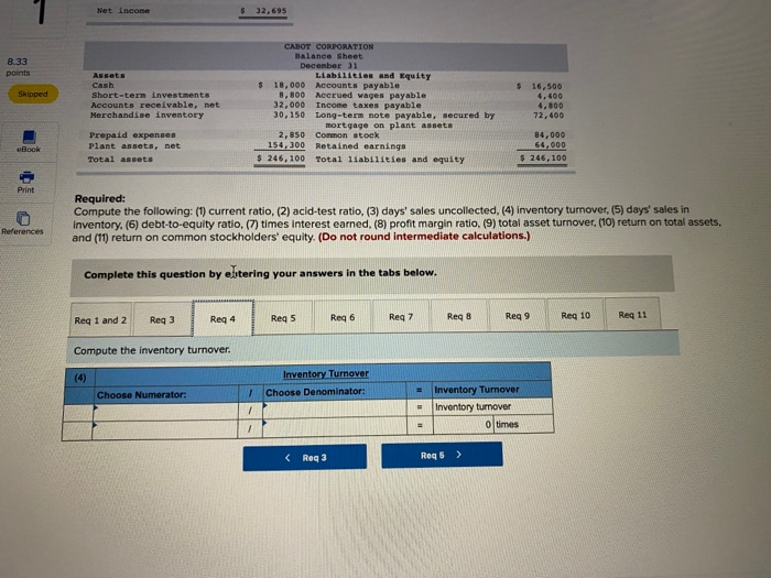 $50,900; total assets, $169,400; common stock, $84,000; and retained earnings, $31,305.) CABOT