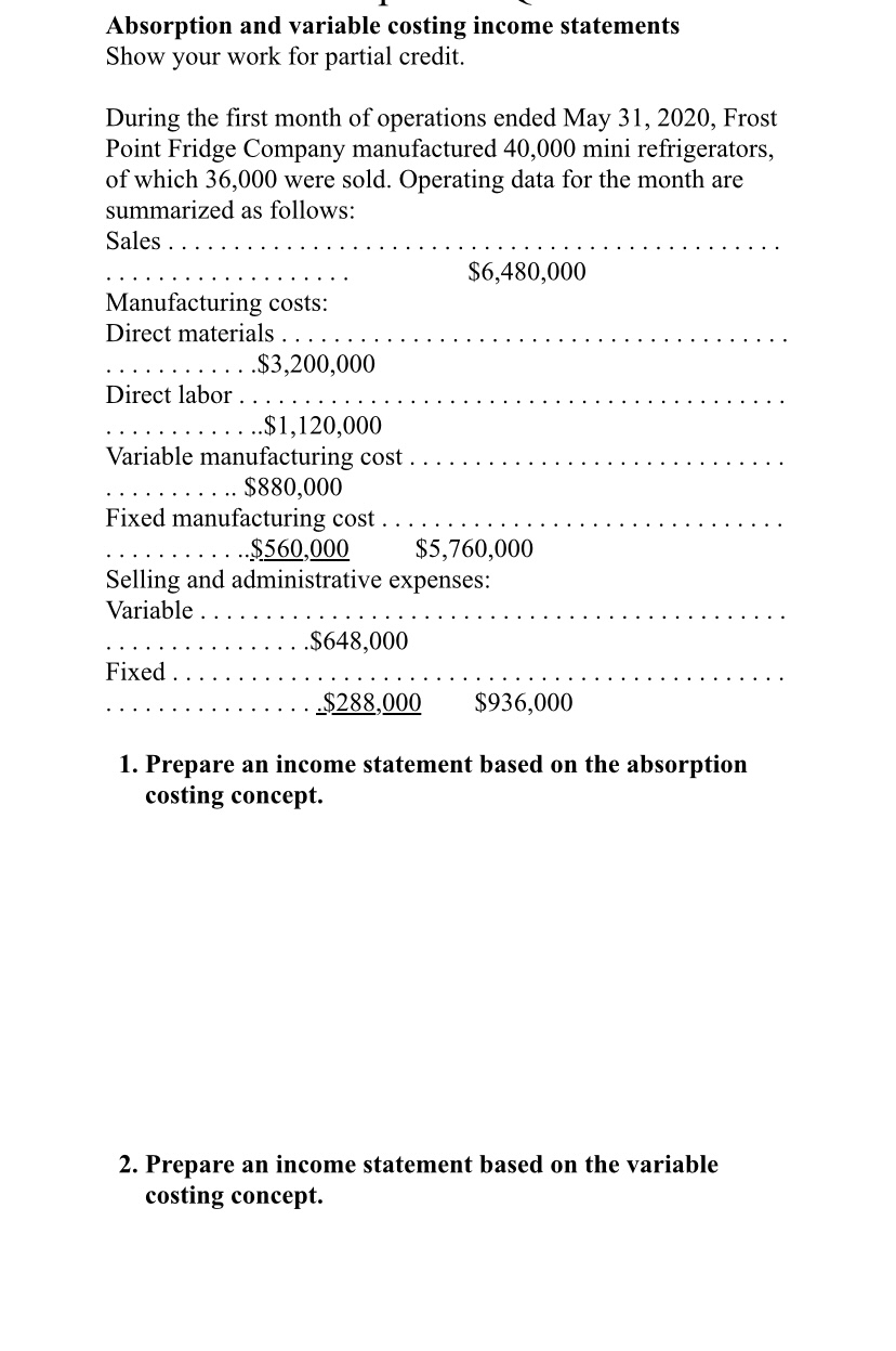  Absorption and variable costing income statements Show your work for partial
