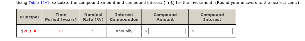 Using Table 11-1, calculate the compound amount and compound interest (in
