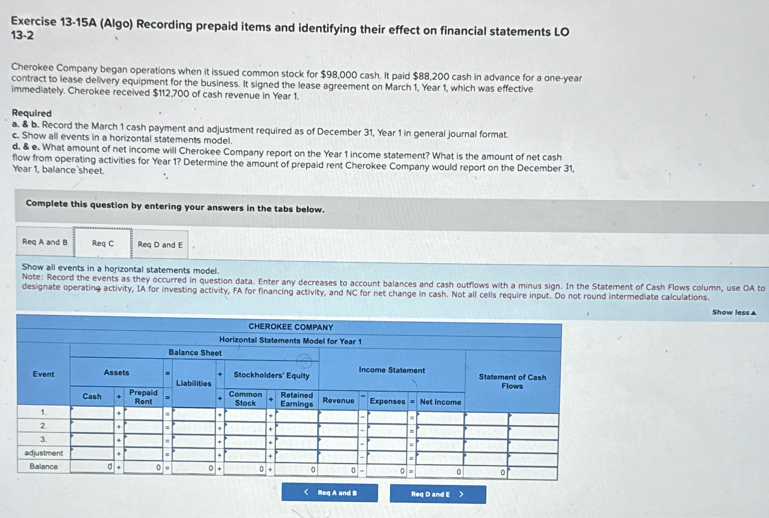  Exercise 13-15A (Algo) Recording prepaid items and identifying their effect on