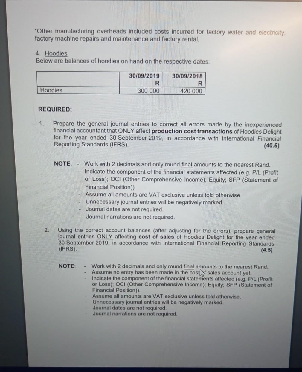 specialises in the manufacturing of hoodies. The company has a 30 September